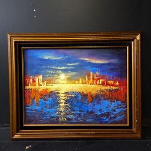 Original Framed Vibrant Cityscape Oil Painting 18x24.